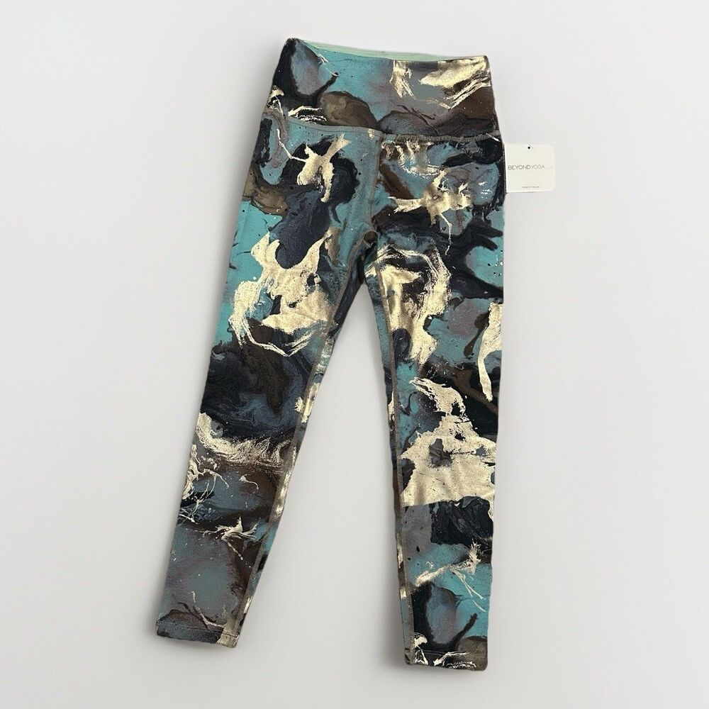 Beyond Yoga Leggings $110 M Blue Gold Marble High Waist Midi Gym Workout Running